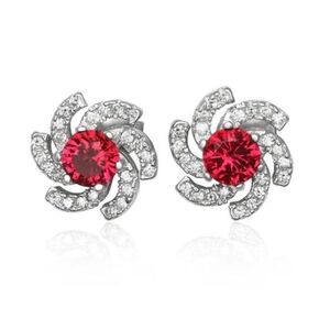1.5 Ct. Ruby & White Topaz Gemstone Pinwheel Stud Earrings~.925 Sterling Silver